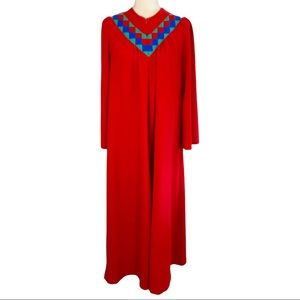 Vintage Shadowline Bathrobe Red Multicolor Geometric Neckline Pockets Size Small